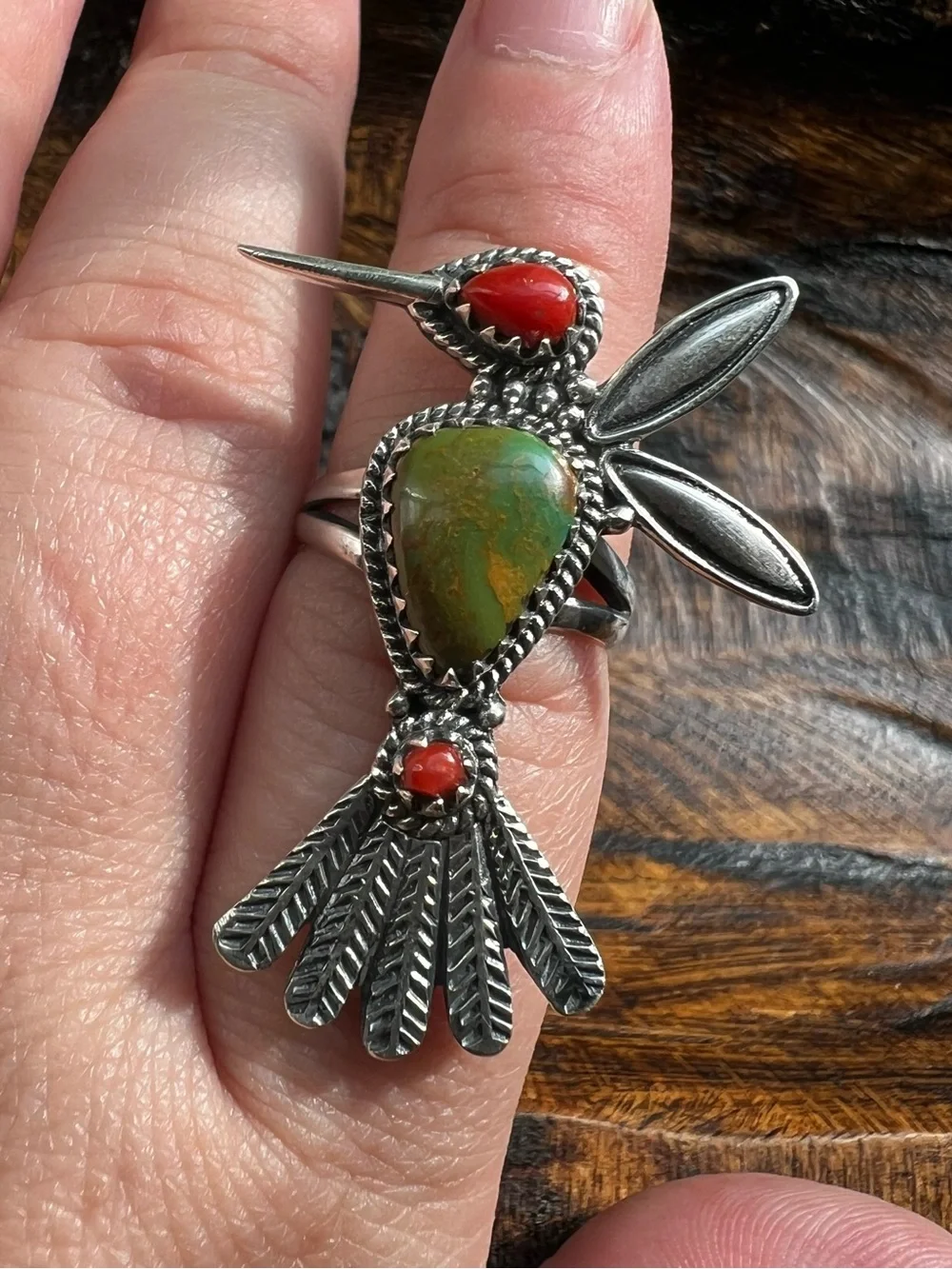 Hummingbird Ring Kingman Turquoise Red Coral Sterling Silver Size 7